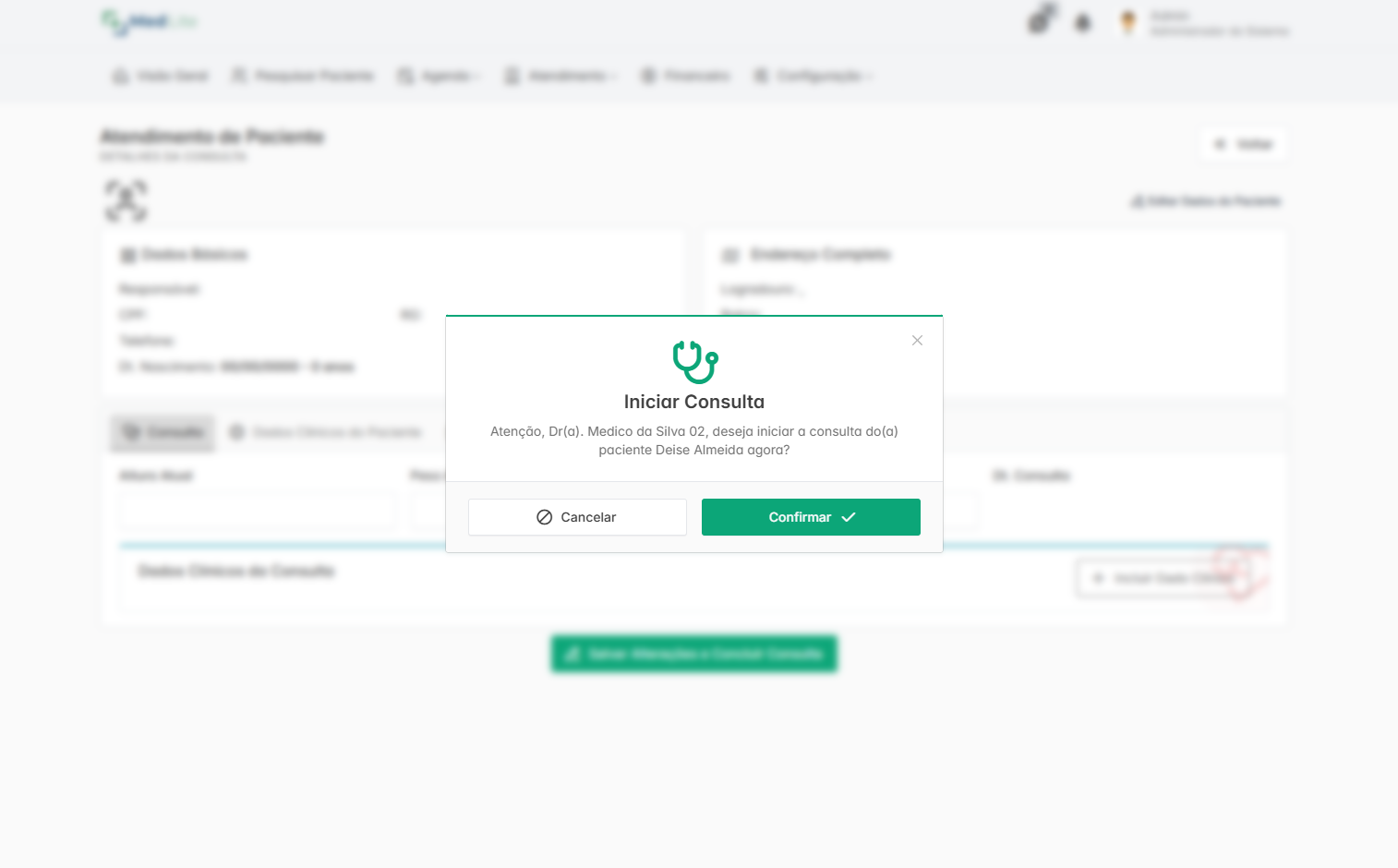 Confirmação para iniciar consulta no MedLite