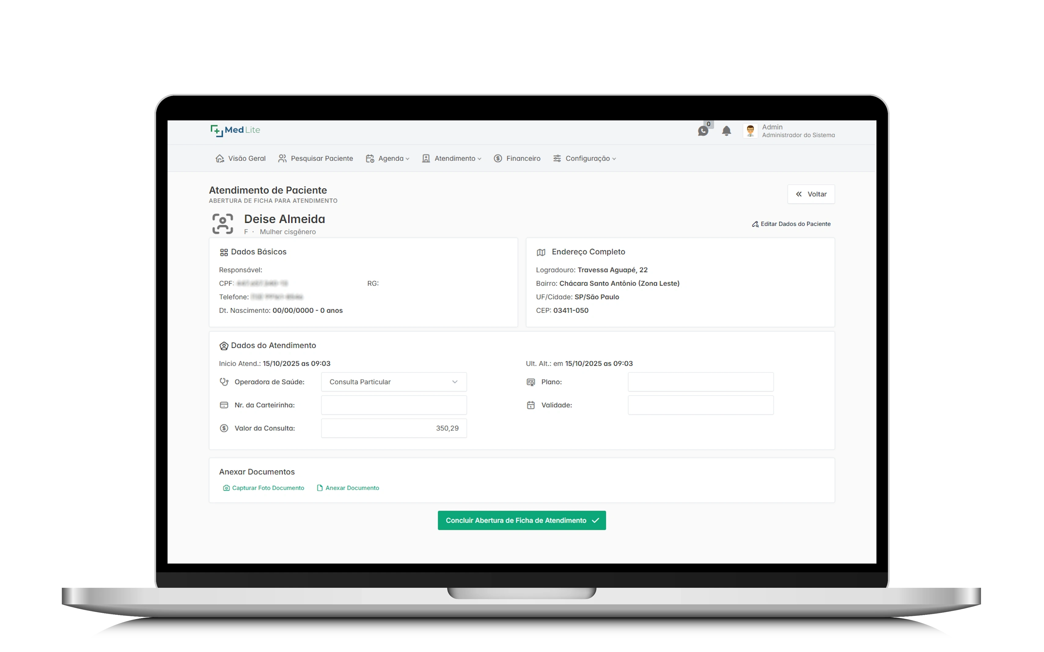 Tela de abertura de ficha de atendimento do paciente no MedLite