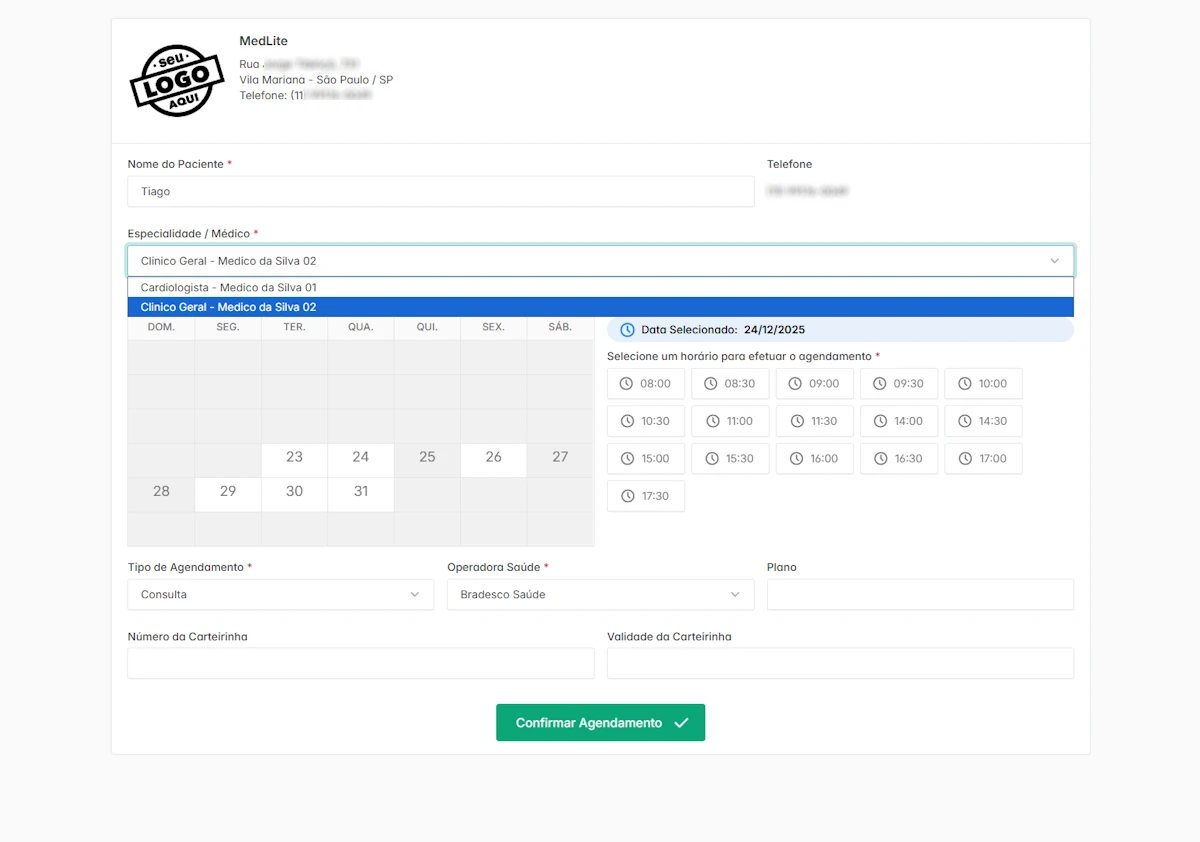 Tela de agendamento online por especialidade e médico no MedLite