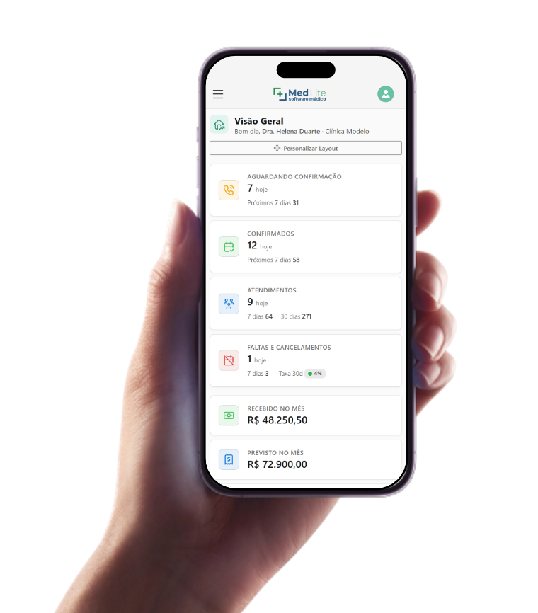 Aplicativo MedLite no celular com visão geral da agenda