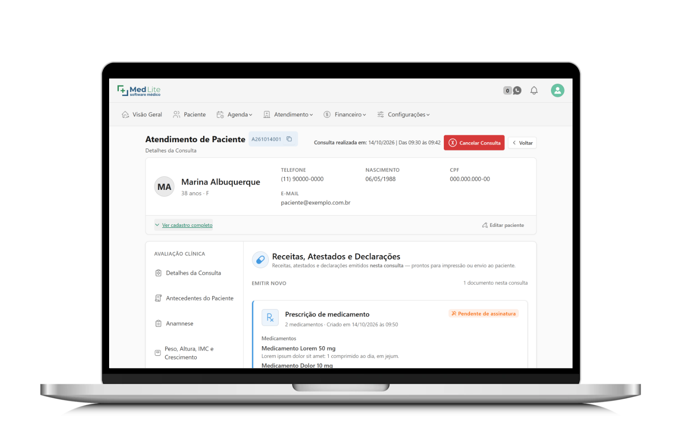 Tela de prontuário eletrônico do paciente no MedLite