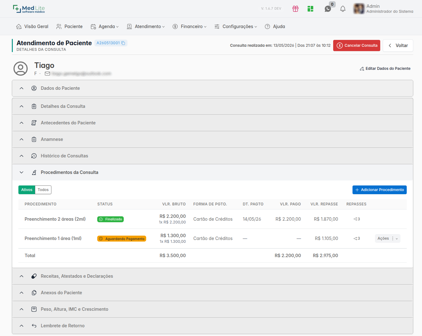 Tela de procedimentos e repasses da consulta no prontuário do MedLite